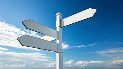 White Directional Signpost with Arrow Shapes Against a Vibrant Blue Sky, Depicting Choices and Decision Making.