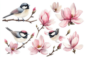 Set of watercolor illustrations featuring cute birds perched on branches alongside beautiful magnolia flowers, creating serene and charming nature scene