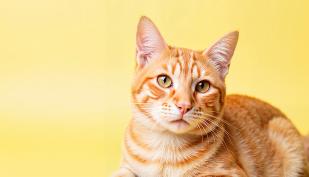 Orange tabby cat gazing at viewer against bright yellow backdrop, charm