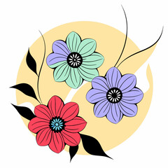 Background and banner decorated with pastel colors blooming flowers and leaves. Spring, Easter, Summer theme with dragonfly, butterfly and bee. Flat folk geometric style., Eps