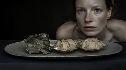 Woman contemplating food dark moody portrait