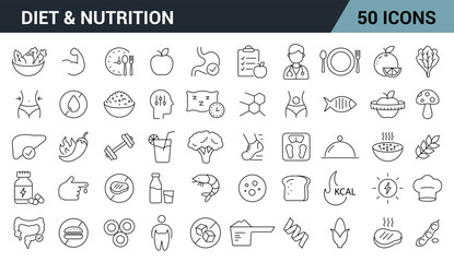 Nutrition and Diet Line Editable Icons Set. Includes Healthy Eating, Protein, Fruit & Vegetables, vitamins, Weight Loss, and more. Vector illustration.