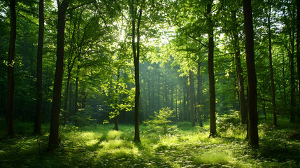 Obraz premium Sunlight Filtering Through Lush Forest Trees