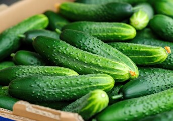 Fresh cucumbers stacked in a cardboard box, showcasing their vibrant green color