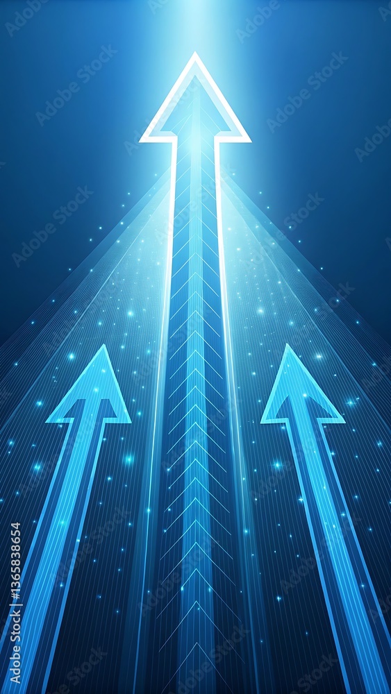 Poster abstract blue arrows pointing upward with glowing light, representing direction, progress, and posit