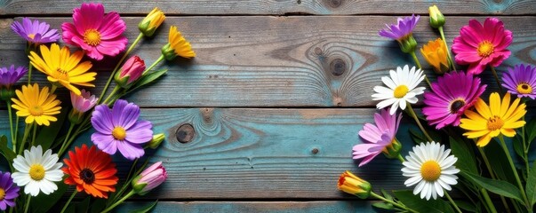 Delicate wildflowers scattered on aged wood planks, macro, beauty