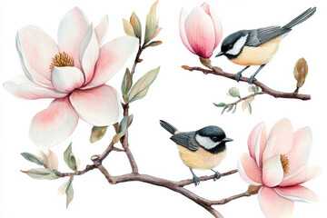 Beautiful watercolor illustration featuring delicate pink magnolia flowers and small birds perched on branches, evoking serene and tranquil atmosphere