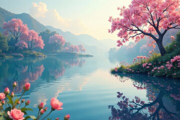 Intricate floral pattern reflected on calm lake water Soft pastel colors , delicate, illustration, botanical