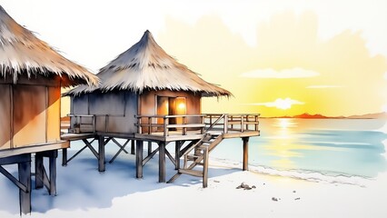 Tropical overwater bungalows at sunrise, serene exotic retreat, perfect for summer vacations and honeymoon escapes by the sea