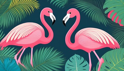 Obraz premium pink flamingo tropical exotic bird with colorful jungle palm leaves tropical jungle leaves background summer poster design exotic nature decoration flamingo bird and tropical leaves summer beach
