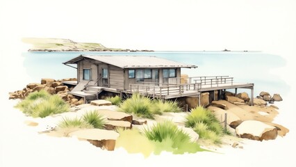 Obraz premium Serene coastal cabin by the sea, perfect for summer retreats, nature escape, vacation, tranquility and relaxation vibes