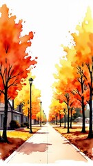 Vibrant fall foliage lines suburban street, celebrating autumn beauty, harvest season, and Thanksgiving tranquility in urban setting