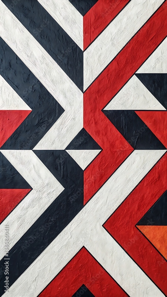 Poster abstract geometric pattern with bold red, white, and dark blue diagonal lines, creating a modern tex