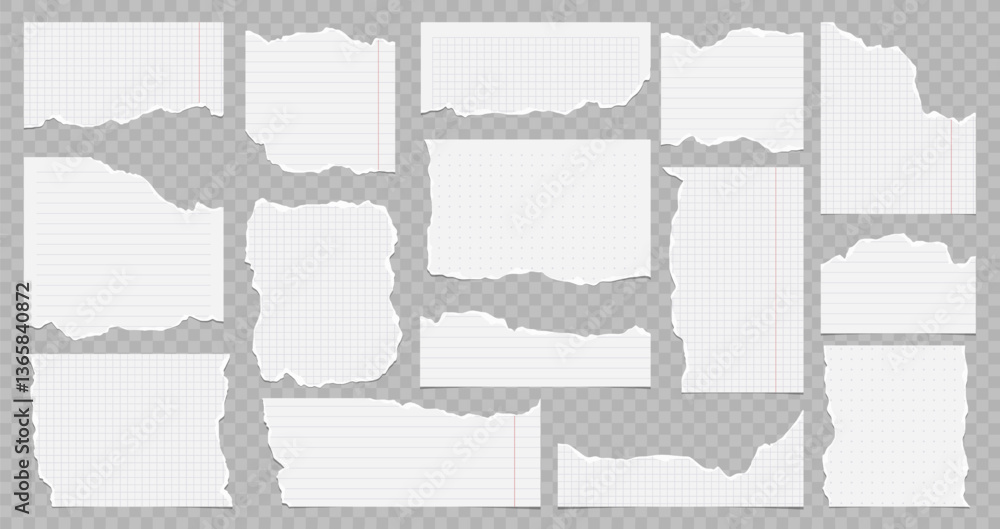 Poster collection of torn lined and squared paper strips. ripped paper scraps with rough edges. vector illu