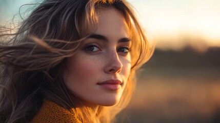 Fototapeta premium A young woman gazes thoughtfully into the distance. Her hair flows gently in the wind as sunlight embraces her face. Capturing beauty in a serene moment. Generative AI