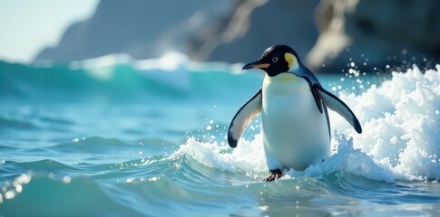 Obraz premium A penguin waddles, splashing through ocean waves , wildlife, bird