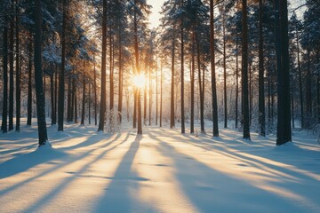 Sunshine through snow-covered trees