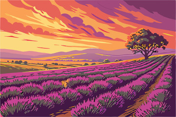 Fototapeta premium 51 Vibrant lavender field at sunset, rows of purple flowers stretching to horizon, dramatic colorful sky, golden hour light, vivid purple and orange hues, expansive rural landscape, ethereal atmospher