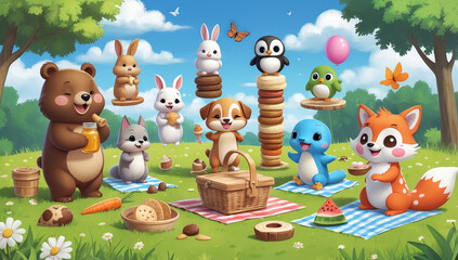 Fototapeta premium cheerful picnic scene featuring adorable cartoon animals enjoying sunny day outdoors. bear, fox, rabbit, and other cute creatures are surrounded by food, trees, and bright blue sky, creating