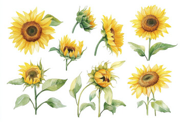 Beautiful watercolor sunflowers various stages of bloom, showcasing vibrant yellow petals and rich brown centers. arrangement includes both fully opened and budding flowers, surrounded by lush