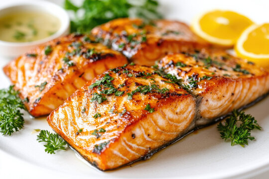Delicious grilled salmon fillets garnished with fresh herbs and served with lemon slices, creating vibrant and appetizing dish that is perfect for any meal