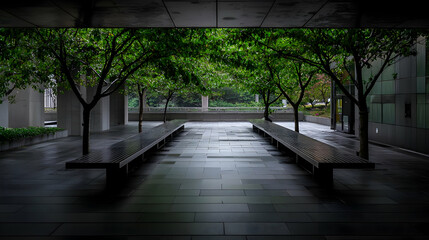 Lush Green Trees Frame a Bench Lined Pathway under a Modern Architectural Structure with Rainy Reflections