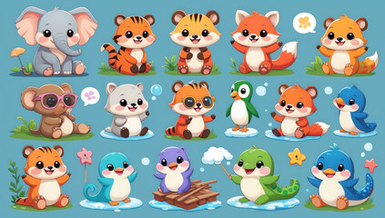 Cute animal characters including elephant, tiger, fox, koala, and various birds are depicted colorful, playful style. Each character showcases unique expressions and poses, evoking joy and whimsy