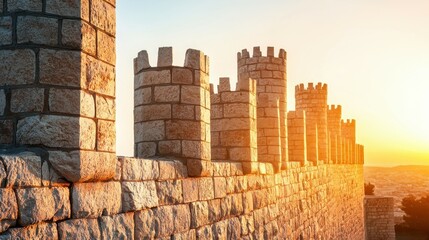 Stone Fortress Wall with Watchtowers at Sunset Overlooking a Scenic Landscape