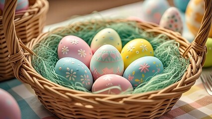 Decorated pastel-colored easter eggs are nestled in a wicker basket filled with green shredded paper, evoking the warmth and joy of the spring holiday season