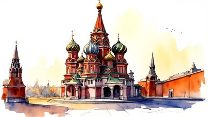 Obraz premium Colorful watercolor of Saint Basil's Cathedral, vibrant Russian architecture, cultural landmark, ideal for Orthodox holidays, heritage travel