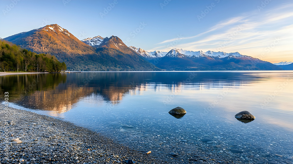 Poster panoramic view of mountain range and lake with reflection of trees and sky during golden hour