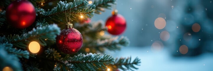 Frosty evergreen tree with sparkling ornaments and soft lights surrounded by blurred illumination, glow, frosty, tree