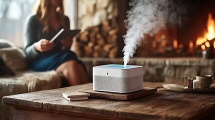 Woman relaxing by fireplace with humidifier
