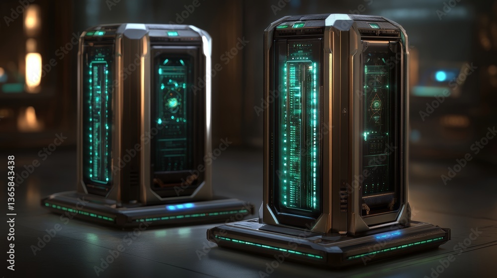 Poster high-tech server units with glowing green lights in a futuristic data center during a nighttime sett