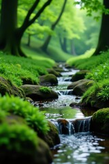 Serene stream, moss-covered stones, vibrant green grass, tranquil, calm, sunlight