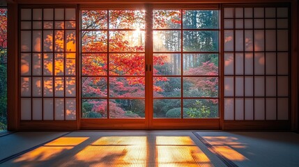 Autumn Sunrise Through Japanese Shoji Screens