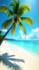 Fototapeta premium Sun-drenched beach, leaning coconut palm, turquoise water, coconut, escape