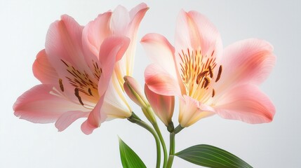 Elegant Pink Lily Flower Arrangement with Soft Petals and Lush Green Leaves on a Minimalist Background, Exuding Serenity and Freshness in a Vibrant and Brightly Lit Setting