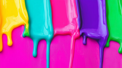 Vibrant dripping paint in rainbow colors on pink background for use in creative design projects, art-themed advertisements, children&rsquo;s content, and colorful branding materials