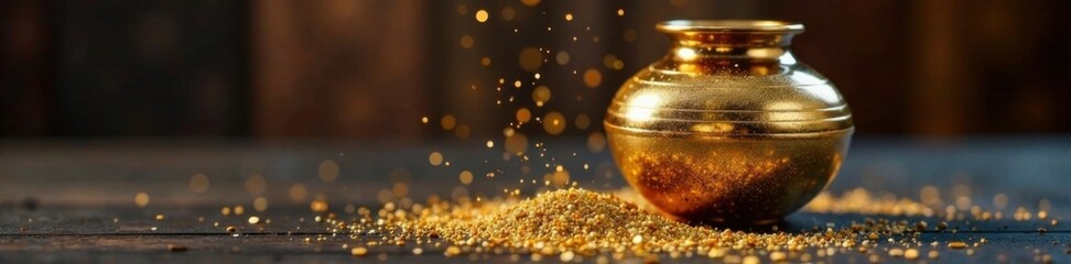 Glittery golden dust floating around a decorative vase, dust, reflective, sophisticated