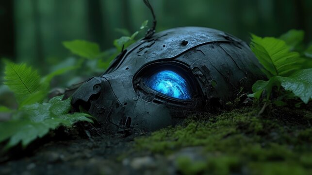 Rusty robot head buried in forest