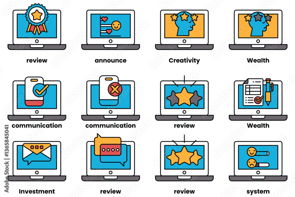 Poster set of illustrations in the concept of laptops and things in line art style