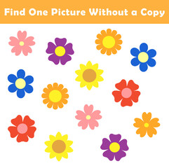 Find One Picture Without a Copy for Preschool Children. Find same picture worksheet for kids. Worksheet for kindergarten-aged children with cute flower illustration.