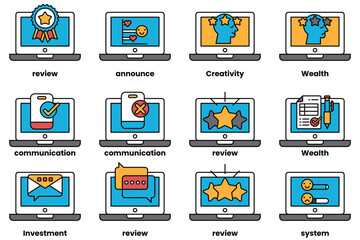 Set of illustrations in the concept of laptops and things in line art style