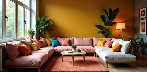 Cozy relaxation zone, soft cushions, stylish coworking space, space, living room