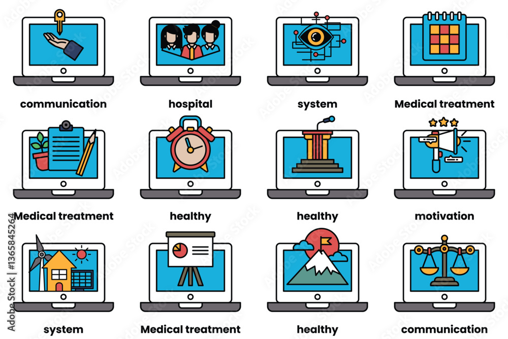 Poster set of illustrations in the concept of laptops and things in line art style