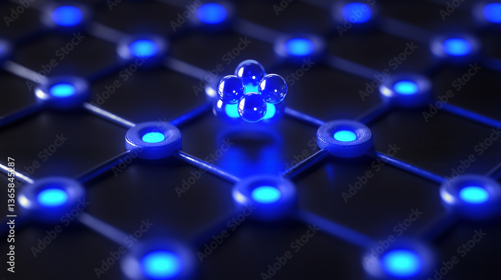 Poster futuristic network of glowing blue nodes connected by lines, with cluster of transparent spheres at 