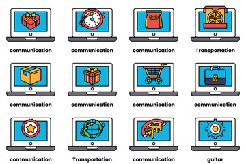 Set of illustrations in the concept of laptops and things in line art style