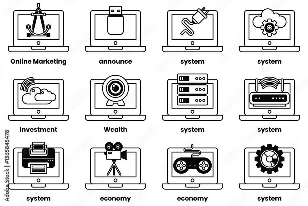 Poster set of illustrations in the concept of laptops and things in line art style