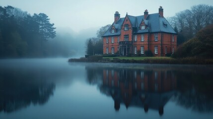 Obraz premium Misty morning manor reflected in still lake
